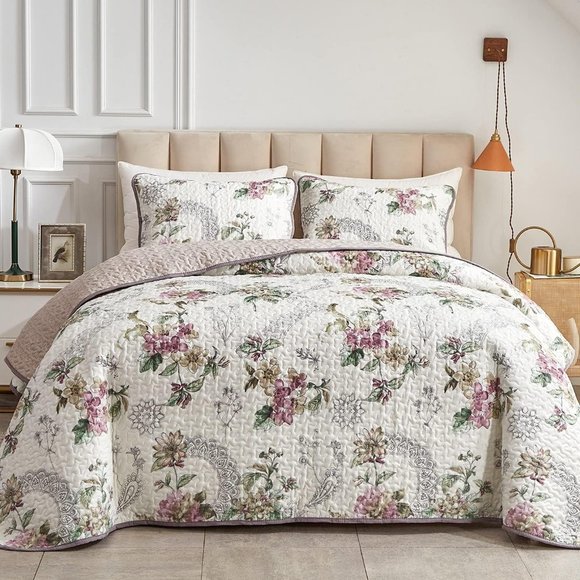 New Pink & Beige Floral 3-Piece 100% Polyester Quilt Set • Reversible • QUEEN - Picture 2 of 7